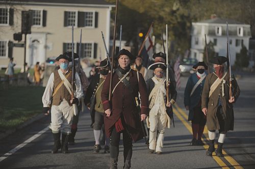  Col. Will Hutchinson, leads Sudbury Companies of Militia and Minute and the Sudbury Ancient Fyfe and Drum Companie on the march from Sudbury Town Hall to Concord