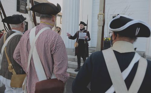 Col. Will Hutchinson readies the troops at Sudbury Town Hall for the march to Concord